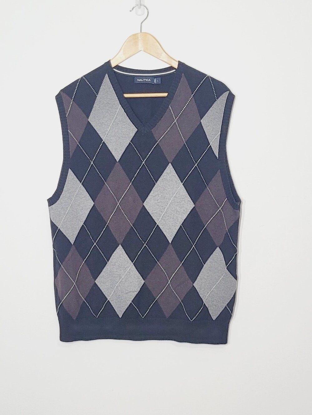 Nautica Black 100% Cotton Brown Gray Argyle Knitted Sleeveless VNeck Vest Large